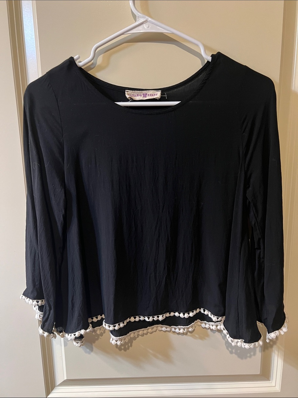 Altar'd State Black Long-Sleeve Crop Top with creamy trim